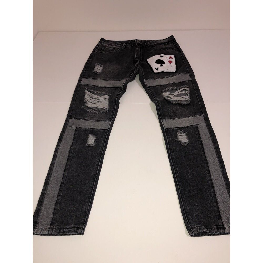 RLOKK Jeans for Men -‎ Men Patched Ripped Jeans (Color : Dark Grey, Size : 32)
